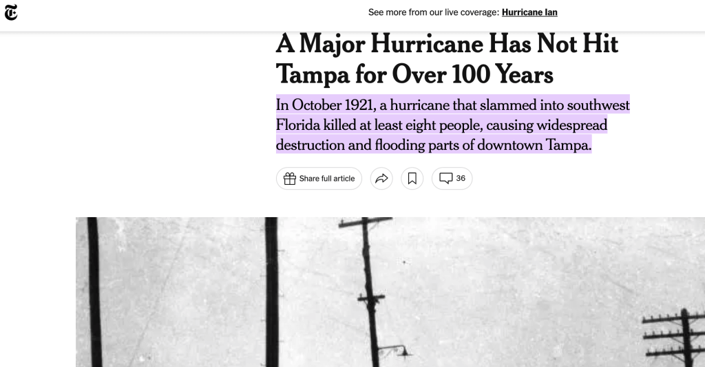 A newspaper article about a hurricane that has hit tampa over 100 years.