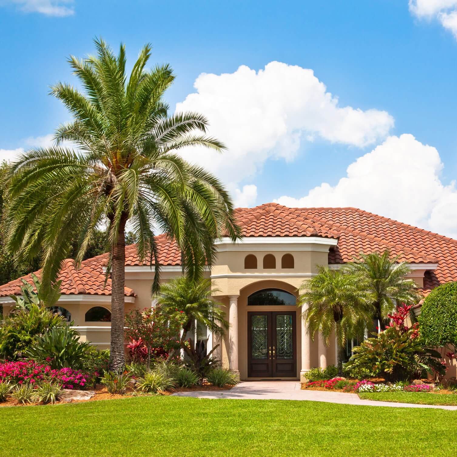 New luxury home with palm trees, flowers, green lawn and lush tropical foliage.